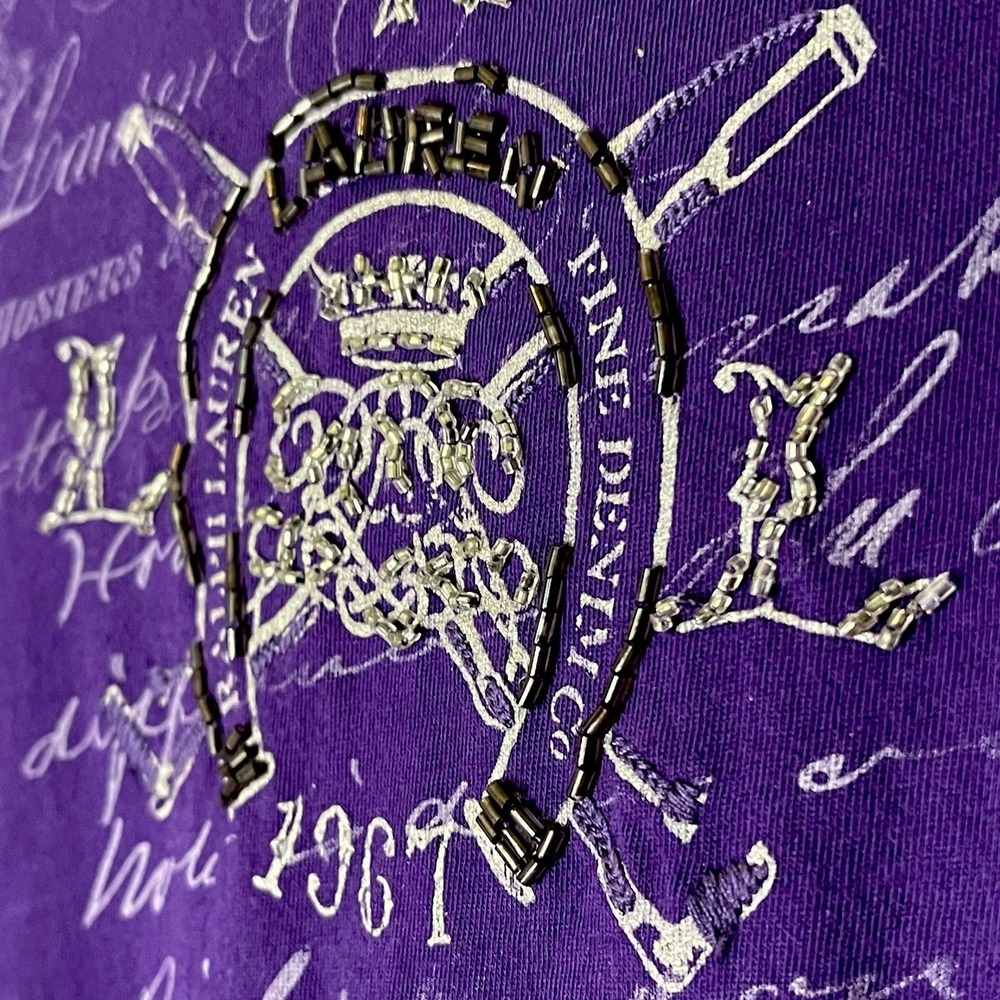 LRL Lauren Jeans Co Purple Beaded Logo Horse Pullover Top Women's M‎ - Picture 2 of 8